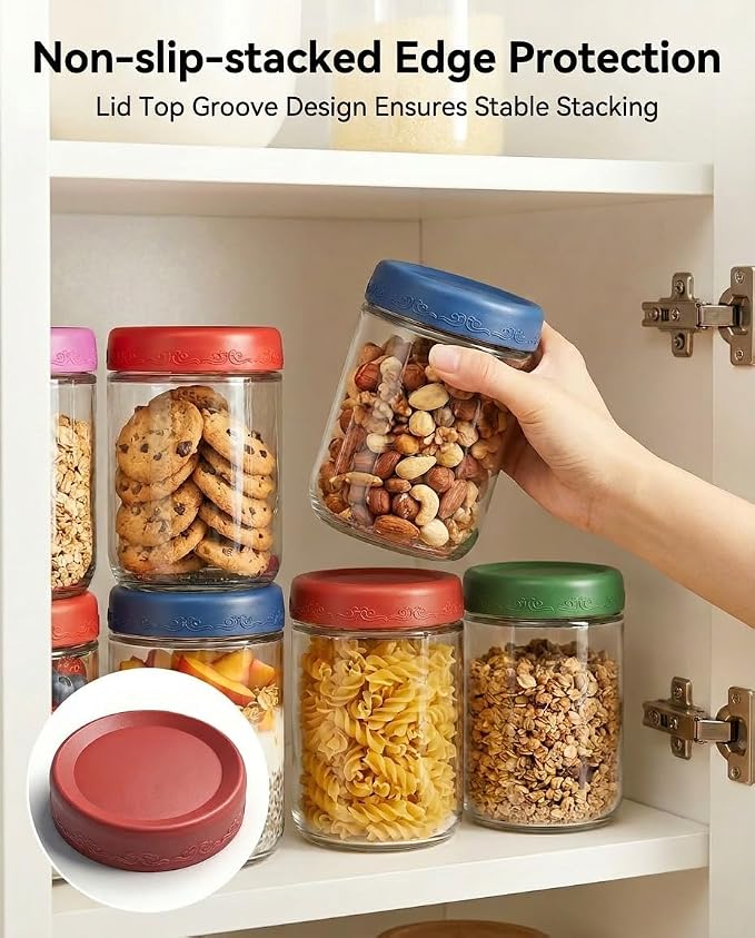 16oz 4Pack Glass Overnight Oats Jars Containers with Airtight Leakproof Lids, Reusable Mason Jars for Meal Prep, Yogurt Parfaits, Smoothies, Salads & Healthy Breakfasts (16 OZ-4-1)