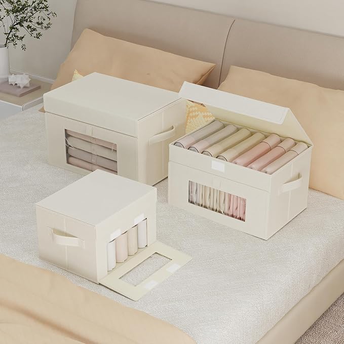 Transparent Window Storage Bin, Cube Organizer Basket with Flip-Top Lid and 2 Handles, Decorative Boxes with Cover, 4 Pack, Beige, 13 x 9 x 7.9 In, XSNY17BEM-4