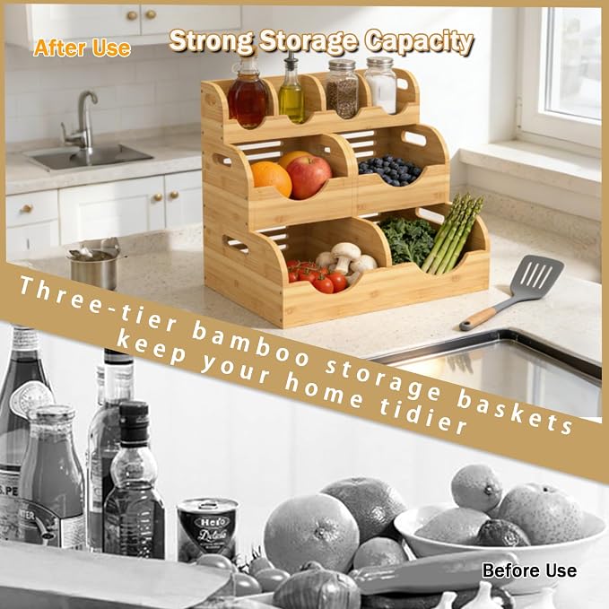 Upgraded 3 Tier Bamboo Pantry Storage Bins,Large potato storage | With 2 Banana Hangers,Stackable Potato and Onion Storage Bin with Airflow Vent,Vegetable Storage,for Kitchen Countertop