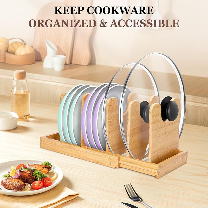 Bamboo Expandable Pot Lid Organizer, Pots and Pans Holder Rack for Cabinet | 10pcs Removable Dividers, Customized Storage, Space-saving, FSC-certified Bamboo, No Assembly