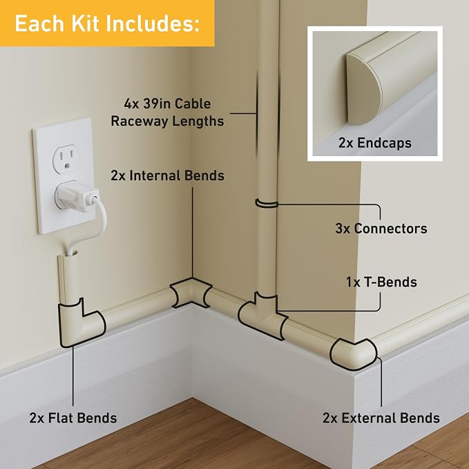 D-Line 13.12ft Cord Hider Kit, Patented Cable Cover, Hide Wires on Wall, Channel for TV Mount Cords, Raceway Wire Hiders, Paintable, Adhesive, Half Round, 4X 1.18in W x 0.59in H x 39in Lengths, Beige