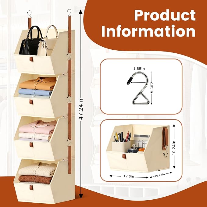 4 Tier Hanging Closet Organizer,Stackable Hanging Clothes Shelves,Space-Saving Closet System with Metal Hook,Fabric Collapsible Storage Baskets for Rv,Home,Homestay,Dorm(Beige)