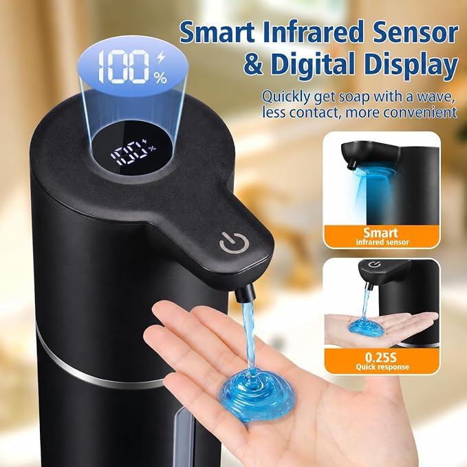 Automatic Liquid Soap Dispenser Touchless | USB Rechargeable Smart Hand Soap Dispenser, 4-Level Adjustable, 12oz Wall Mounted for Bathroom Kitchen(Black, Liquid)