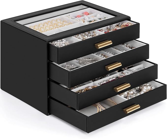 AKOZLIN Jewelry Box with Clear Lid Functional Leather Jewelry Storage Organizer Case 4 Drawers for Women Girls Necklace Ring Bracelet Earring
