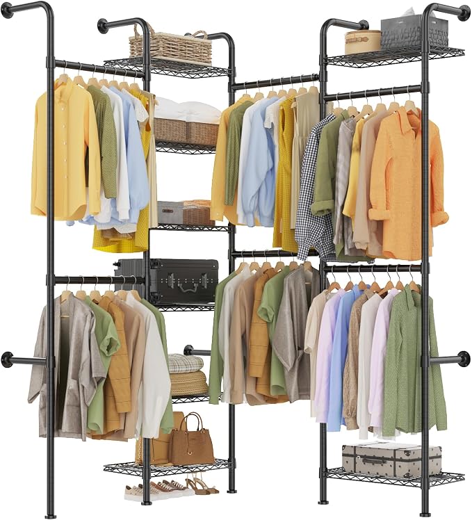 Garvee L4 Wall Mounted Pipe Closet System, Matte Black | Carbon Steel, Expandable Rods 23.62-35.43 in, 8 Wire Shelves, Closet Storage