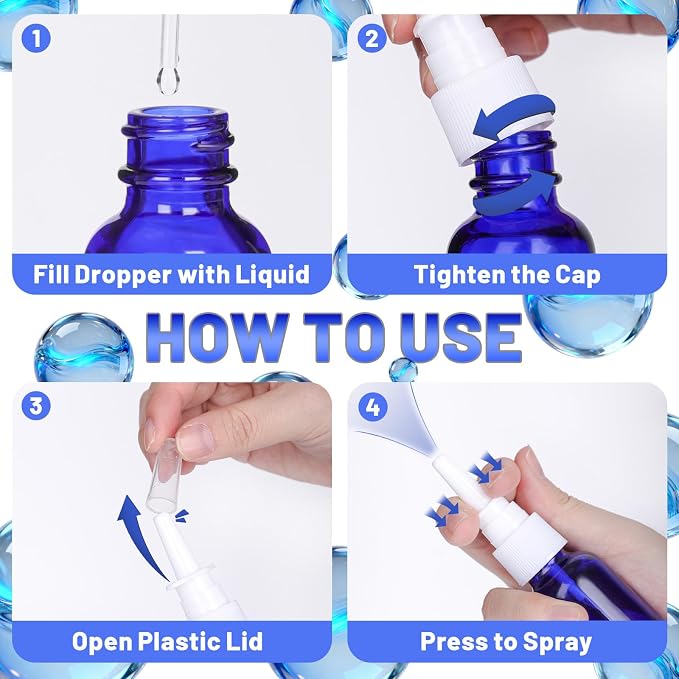 1 oz Empty Nasal Spray Bottles 10 Pack, Blue Glass Refillable Sprayers | Leakproof & Durable for Saline, Essential Oils, Sinus Relief, Allergy Care,Travel,Home Use, Includes Dropper & Labels