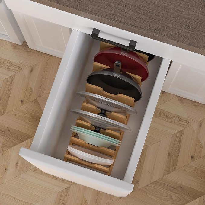 Pots and Pans Organizer under Cabinet,Pot and Pan Organizer,Lid Organizer | Expandable Bamboo Pan and Lid Organizer, 16" to 28" Adjustable Length and 10 Dividers