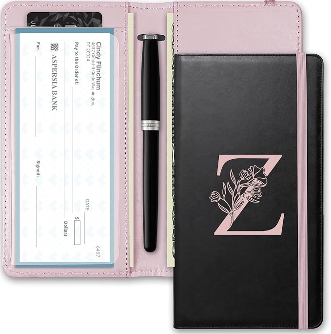 Letter Checkbook Cover, RFID Blocking Checkbook, Duplicate Checks with Pen Holder, Cards Slots, Multi-Functional Checkbook Holder for Personal and Business Checks