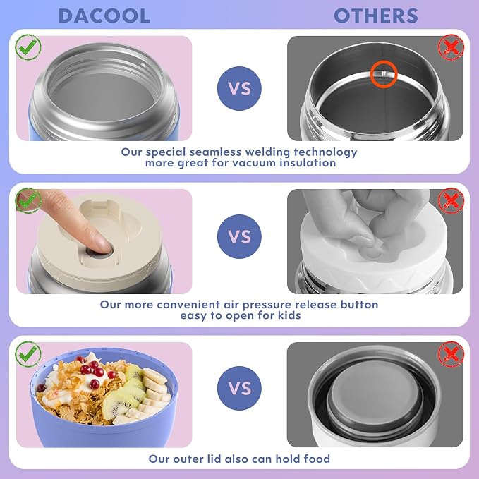 DaCool Stainless Vacuum Insulated Food Jar - 16 Ounce Thermo for Hot & Cold Food, Perfect for School, Work, Picnic & Outdoors - Purple