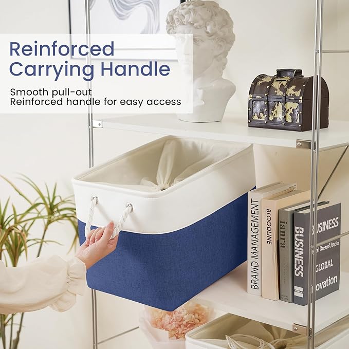 Large Storage Baskets- 16x12x12 inch Storage Bins for Shelves and Closet Organizing, Foldable Fabric Bin for Home Organization Clothes and Laundry (3-Pack, White&Blue)