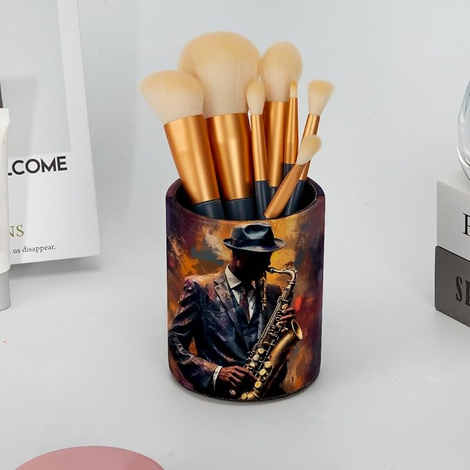 Gentleman Playing the Saxophone Pen Holder Pencil Organizer for Desk, 3.1” x 3.1” x 3.9” Pencil Cup Office Supplies, Large Capacity Cute Pen and Makeup Brush Holder for Home, School, Desktop