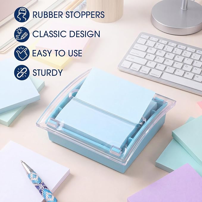 Junkin 1 Pcs Pop up Sticky Note Dispenser 3 x 3 Inch Sticky Note Holder with Transparent Top Colorful Base for School Office Home Store Desk Supplies (Dusty Blue)