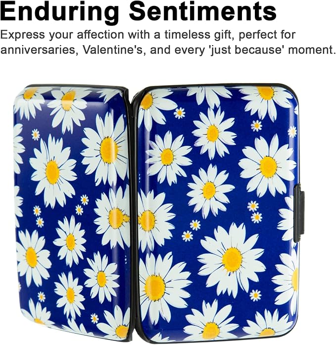 Credit Card Holder for Women Men RFID Blocking Wallet Small Business Metal Slim Mini Aluminum Hard Case (White Flowers Chamomile)