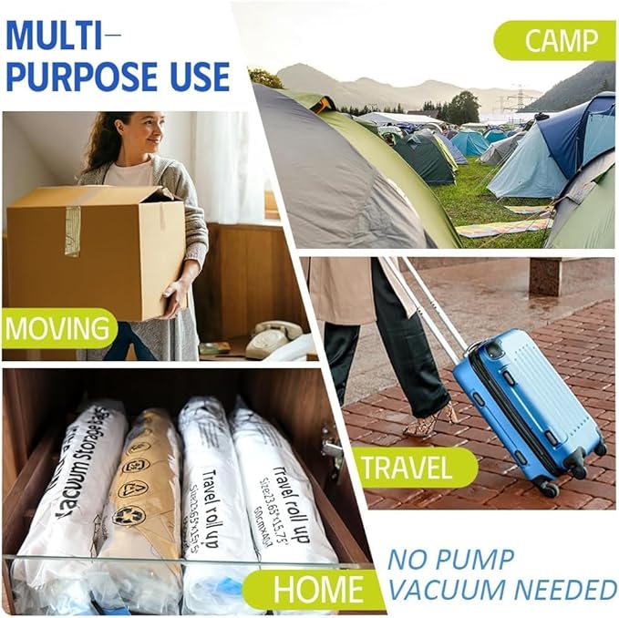 12 Pack Vacuum Storage Bags, Compression Bags for Travel, Roll Up Reusable Travel Space Saver for Luggage, Camping, and Storage (No Vacuum or Pump Needed).