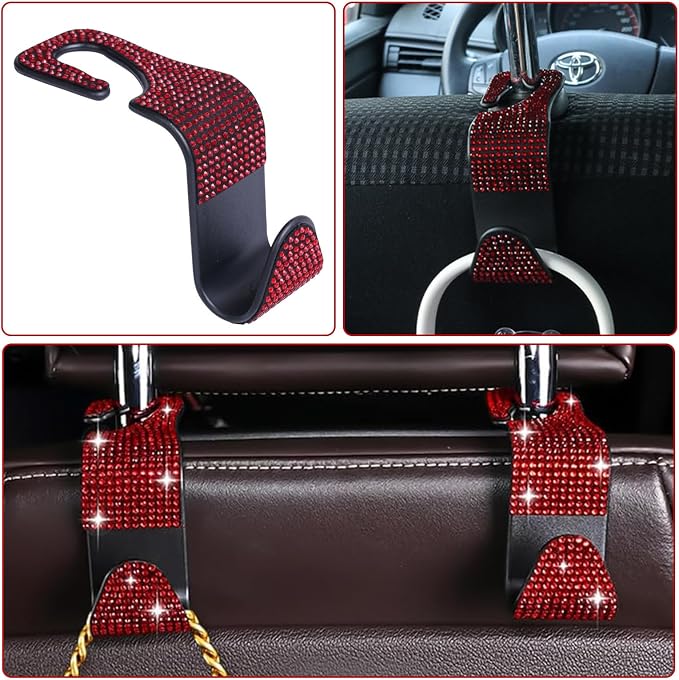 4PCS Bling Car Seat Headrest Hooks, Vehicle Back Seat Purse Handbag Hanging Holder with Crystal Rhinestone, Diamond Storage Organizer Hook,Bling Car Accessories for Women (Red)
