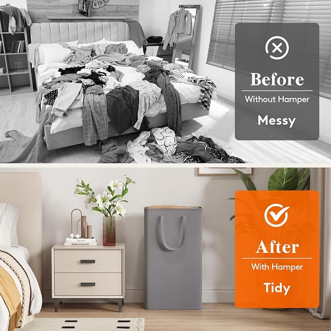 Lifewit Slim Laundry Hamper, Narrow Small Laundry Basket with Handle for Dirty Clothes, Collapsible Tall Thin Laundry Bin for Bathroom Bedroom Dorm College, 65L, Grey