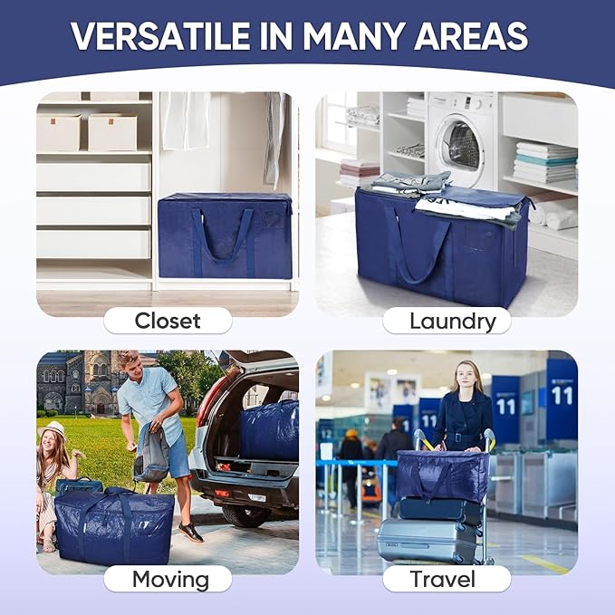 TICONN 2 Pack Extra Large Moving Bags Heavy Duty with Zippers & Carrying Handles, Durable Storage Bags Moving Boxes for Closet Organizers and Storage (2 Pack, Navy)