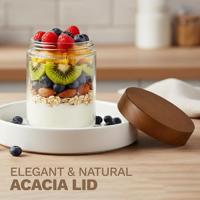Bumobum 16 oz Overnight Oats Containers with Lids, Glass Mason Jars with Acacia Wood Airtight Lid, Wide Mouth Glass Canisters for Food Storage Chia Pudding Snacks Yogurt Spice Meal Prep, 6-Pack