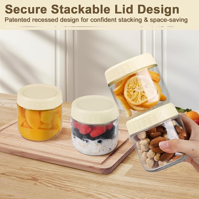 Overnight Oats Containers with Lids, 10oz Wide Mouth Mason Jars with Lids, 3 Pack Glass Jars with Airtight lid for Chia Pudding Yogurt Salad, Meal Prer Oatmeal Jars, Yellow