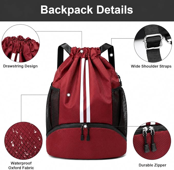 Hoedia Sports Drawstring Backpack - Swim Gym Bag for Women and Men | String Bag with Shoes Compartment and Wet Proof Pocket, Adjustable Wider Shoulder Strap, For Soccer, Basketabll, Volleyball