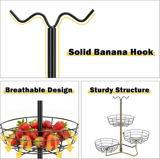 3 Tier Fruit Basket Bowl with 2 Banana Hooks, Solid Metal Standing Vegetable Storage for Kitchen Counter, Large Capacity Organizer for Bread Snack Produce (Black)