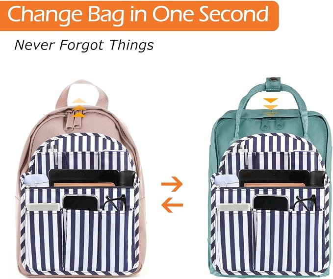 Surblue Backpack Organizer Insert Liner Hanging Travel Rucksack Purse and Handbag Insert Pocket, High-capacity Divider Foldable Nylon Shoulder Bag Organizer for Men and Women, (NavyStripes, L)
