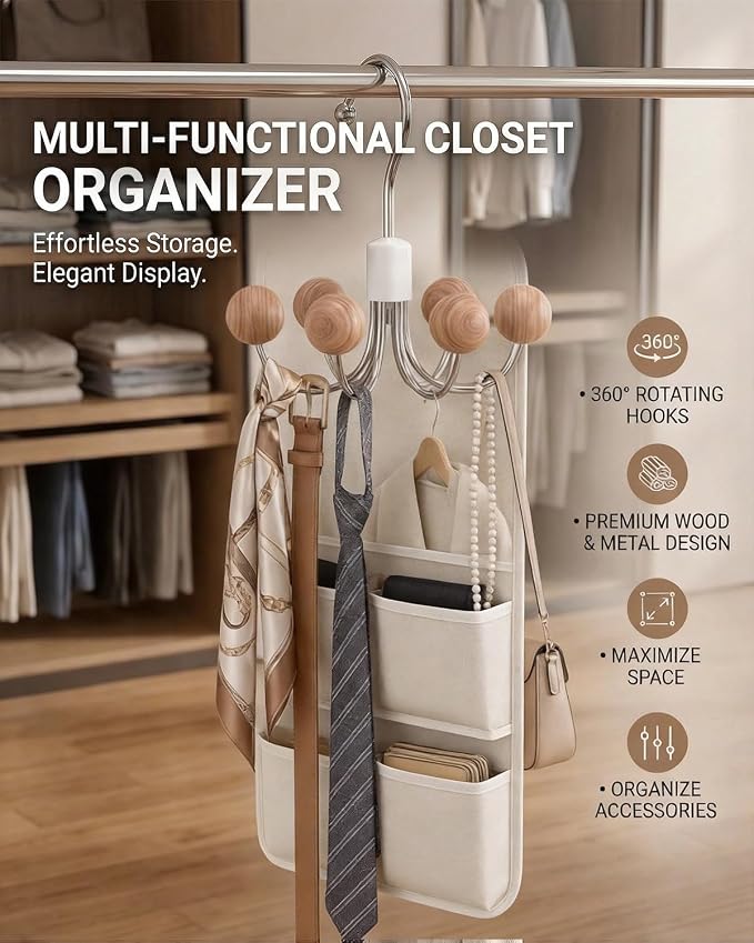 2 Pack Hoodie Hangers 360° Swivel Hooks with Wood Balls, Natural Wood | Hanging Closet Hat Purse Tanktop Handbag Necklace Organizer Bra Hanger and Storage Save Space