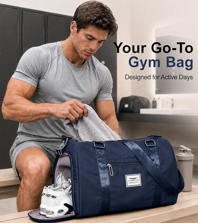 FIORETTO Womens Gym Tote Duffle Bag with Wet Pocket & Shoe Compartment, Sports Duffel Overnight Weekender Hospital Workout Carry on Bag for Girls, Ideal for Travel, Swimming, Dance, Ballet Navy Blue