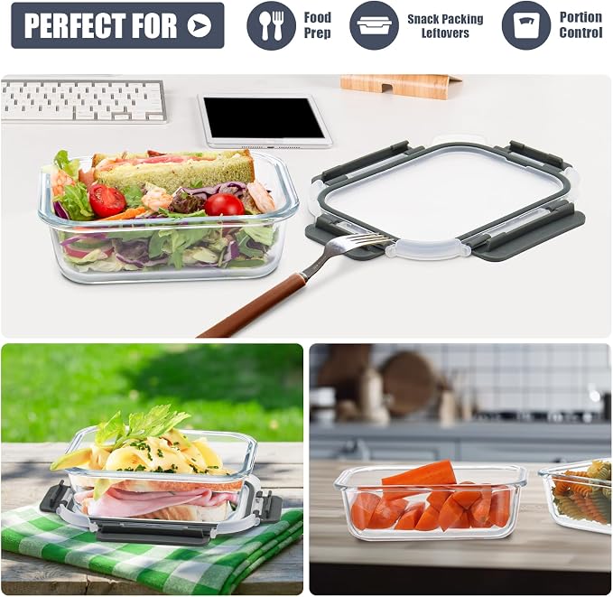 6pack 22oz Glass Meal Prep Containers with Airtight Lids, Lunch Containers | Portion Control Containers Set, Glass Food Storage Containers with Snap Lids, Freezer to Microwave Safe, Dishwasher Safe