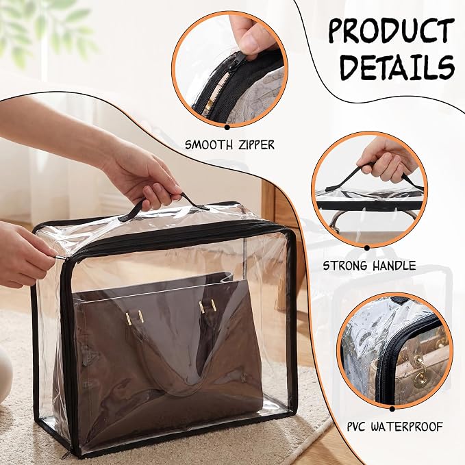 Hsei 12 Pcs Clear Dust Bags For Handbags 4-Sizes Fits Mini Wallets Oversized Tote Bags PVC Waterproof Purse Storage Organizers for Luxury Bag Soft Stand-Up with Zipper Handle for Closet Hanging