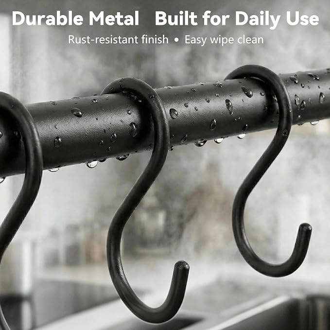 Black Steel-made Kitchen Utensil Rack Organizer Wall-mounted Pot Pan Wall Hanger Holder For Hanging Rail with 10 S Hooks