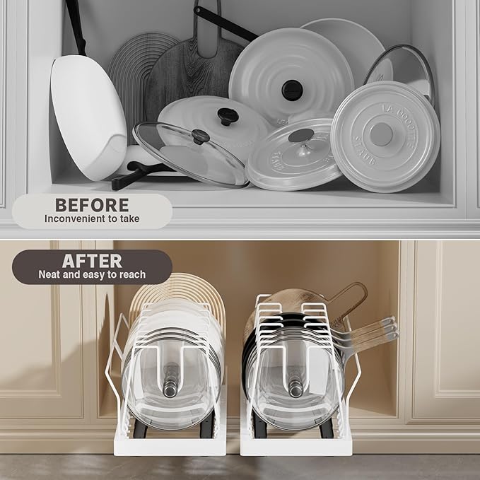 Magheo 2 Pack Pots and Pans Organizer Under Cabinet, 22" Deep Expandable Pull Out Pot Lid Organizer and Storage with 10 Adjustable Dividers No Drill Pot and Pan Holder Rack with Handle Bracket(White)