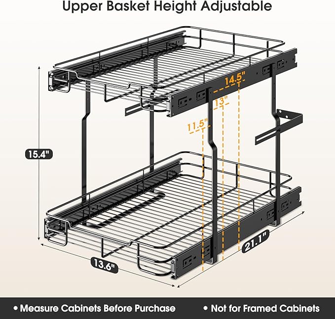Delamu 14" W X 21" D Pull Out Cabinet Organizer, 2 Tier Heavy Duty Cabinet Shelf Organizers, Cabinet Slide Out Shelves for Kitchen, Pantry and Bathroom, Black Silver