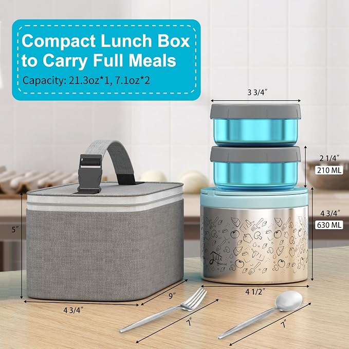 Lille Home Stainless Steel Thermal Lunch Box Set with Lunch Bag and Cultery | 22 Oz Vacuum Insulated Lunch Bento Box, to Keep Food Warm/Cool, 2 Small Food Container for Snack, Fruits and Sauces (Blue)