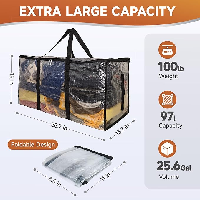 CONGREGATE 8 Pack Extra Large Moving Bags with Zippers and Carrying Handles, Heavy-Duty Storage Tote Moving Boxes for Space Saving, Semi-Transparent 97L/25.6Gal (28.7"x13.7"x15")