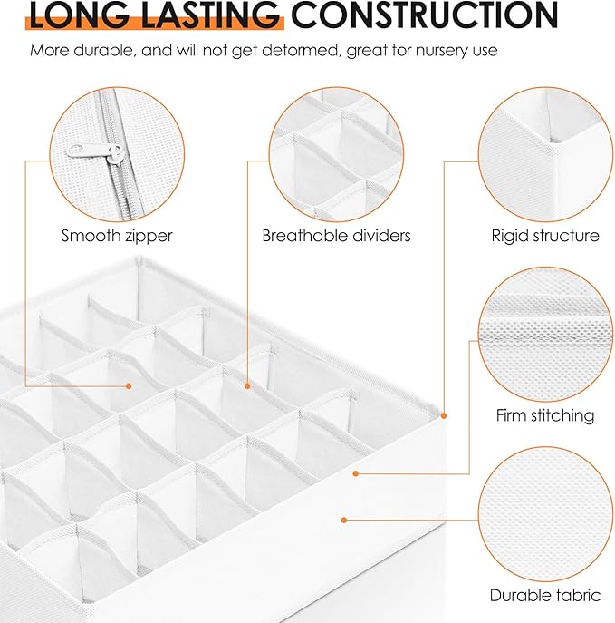 Criusia Drawer Organizer Clothes, 16 Pack Dresser Organizer Bins for Baby Clothes, Underwear Sock, Fabric Closet Organization and Storage Dividers for Nursery Bedroom (96 Compartments, White)