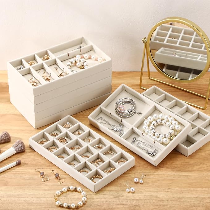 Highergo 8 Pcs Velvet Jewelry Trays Stackable Drawers Organizer Ring Earring Bracelet Necklace Storage Trays, 8.3x4.7x1''(18 Grids)