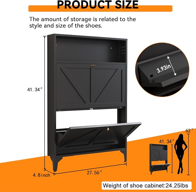 Shoe Cabinet with 2 Flip Drawers and Open Top Space-Metal Narrow Shoe Rack for Entryway,Hallway,Living Room-Hidden Metal Shoe Cabinet-Freestanding Shoe (2 Door, Black)
