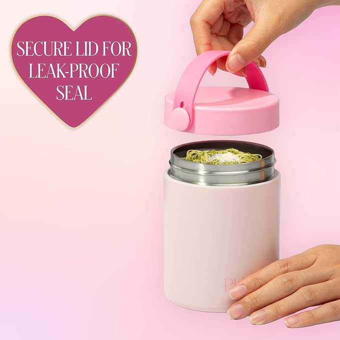 Paris Hilton Insulated Food Jar, Stainless Steel Vacuum Insulated Food Container with Folding Carry Handle, Leak-Proof Lid, 15-Ounce, Pink