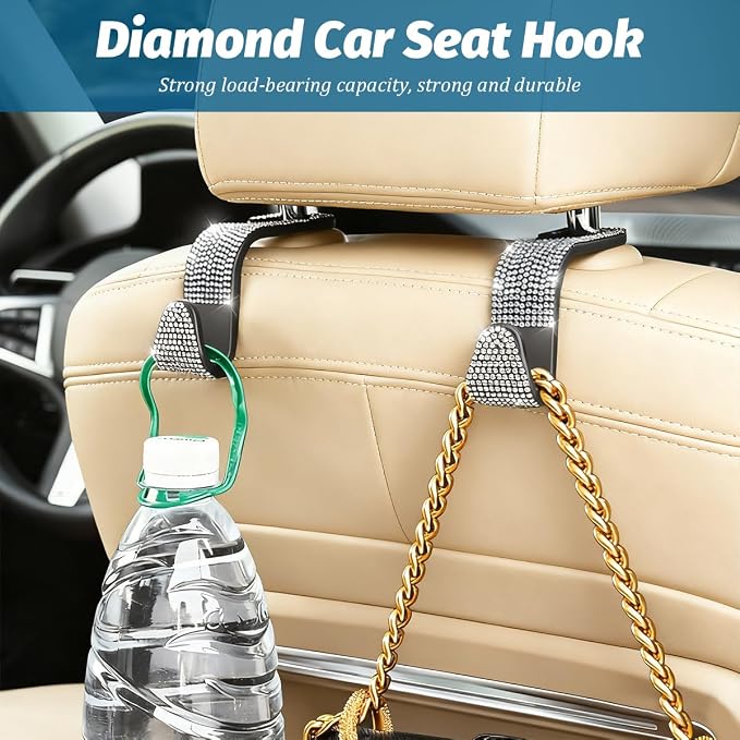 Zpana 4PCS Bling Car Seat Headrest Hooks, Vehicle Back Seat Purse Handbag Hanging Holder with Crystal Rhinestone, Diamond Storage Organizer Hook, Universal Automotive Accessories (Purple)