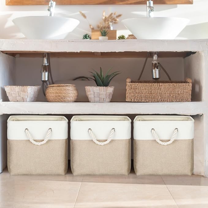 meekoo 8 Pack Collapsible Storage Bins Fabric Storage Bins Polyester Fabric Baskets with Handles Linen Closet Organizer for Shelf Home Closet Towels Toys(11 x 11 x 11 in,Beige)