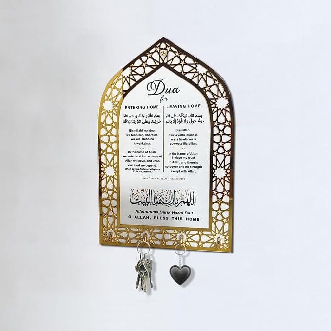 Islamic Wall Art, Acrylic Wood Wall Hanging Organizer with Hooks, Ramadan Mubarak Eid Mubarak Decor, Crescent Moon Key Holder, Islamic Home Decor for Entryway, Ramadan Eid Gifts for Women, Gold-White
