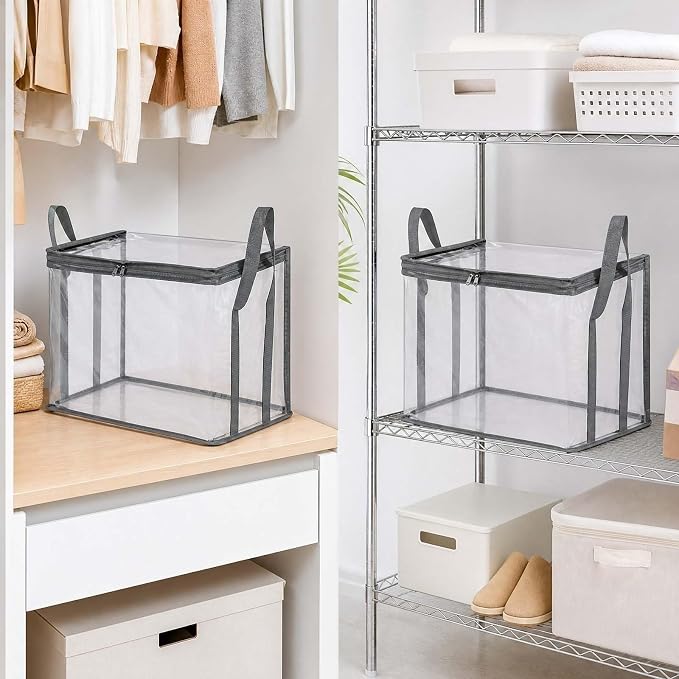 Large Clear Thick Plastic Storage Box with Hinged Lid, Heavy-Duty Durable High Capacity Organizer, Foldable Storage Box,Perfect for Home, Camping, Travel, Attic & Moving (Gray-L-1)