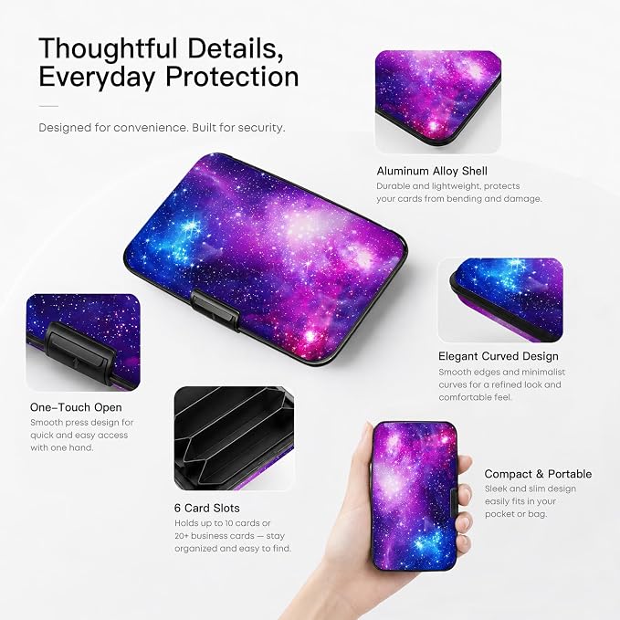 Credit Card Holder Cosmic Galaxy Mini Aluminum Wallet | Women Men, Slim Design, RFID Blocking, Metal Business ID Case