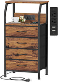 Furnulem Night Stand with Charging Station, 4 Drawers Tall Bedside Table | Small Rustic Brown Dresser, 33.3 Inch Tall Dorm Nightstand, Fabric Drawers, Storage Tower for Closet, Bedroom, 3 Ways to Use