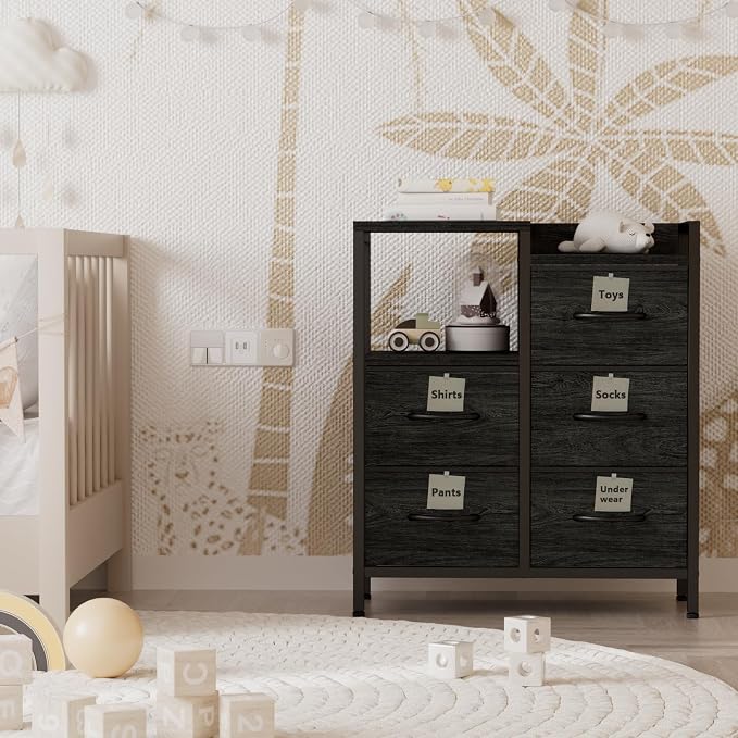 Furnulem Black Dresser for Bedroom, 5 Drawer Small Fabric Closet Dresser | Small Chest of Drawers, Storage Cabinet Organizer with 2 Tier Shelf, Drawer Units with Metal Frame, Dresser for Dorm, Hallway