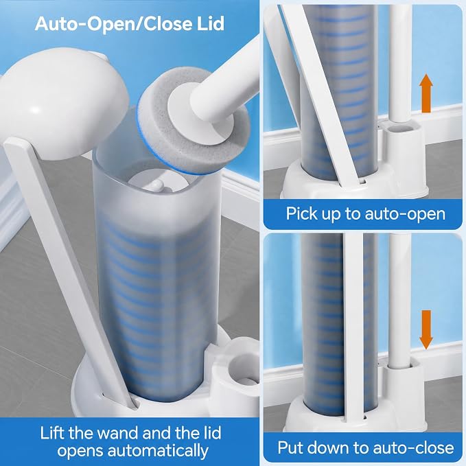Spreezy Disposable Toilet Brush and Holder Set, Touch Free Wand, 54 Refills | Soft Spong Heads, Hands-free Eject Design, Hygienic Disposable Cleaning System, Bathroom Dorm RV Use, Floor Standing Caddy