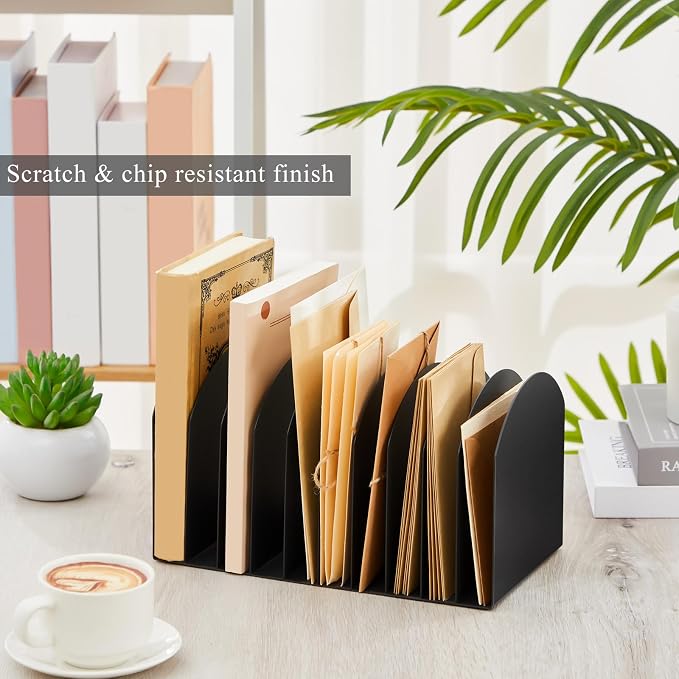Suzile Metal Desktop File Organizer, 10 Compartments, Vertical File Sorter, Black, 5.79" W x 10.63" L x 5.91" H, Office, Reception Areas, Workspace