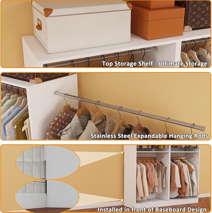 Closet System, 6FT Wood Closet Organizer System Small Walk-in Closet Freestanding Corner Closets Shelf Storage with 9 Hanging Rods, Modular Closet Systems White (6FT)