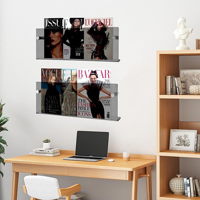 2-Pack Black Acrylic Magazine Holder Brochure Holder,17 Inch Hanging Magazine Rack with Hardware, Floating Bookshelf Brochure Display Organizer for Home, Office, Reception Area